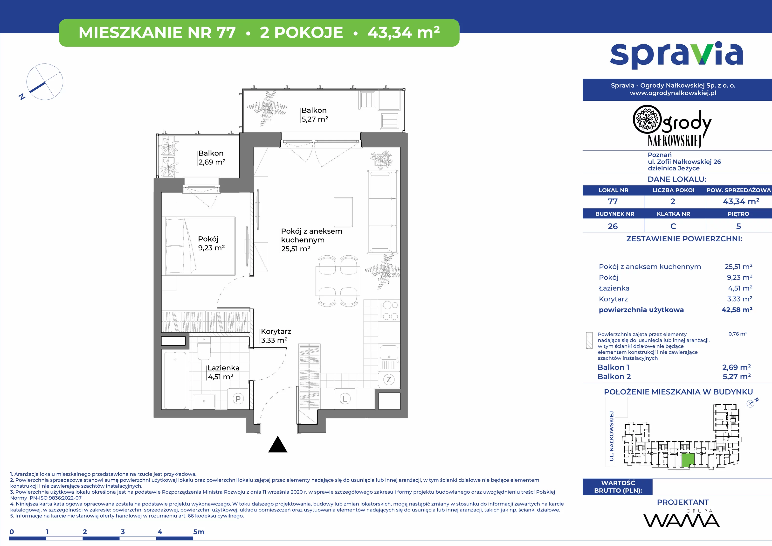 2 pokoje, mieszkanie 43,34 m², piętro 5, oferta nr 26-77, Ogrody Nałkowskiej, Poznań, Ogrody, ul. Nałkowskiej 24, 26